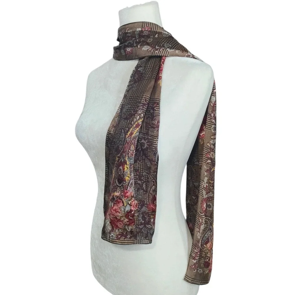 Lauren Ralph Lauren‎ 100% Silk Scarf Floral Paisley Brown Gold Rectangle Preppy